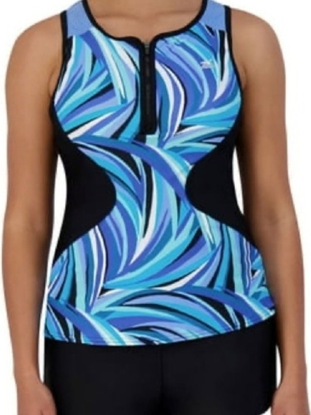 ZeroXposur Blue Abstract Zip-Front One-Piece Swim Top